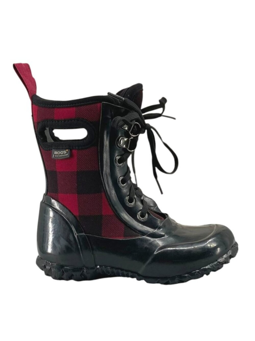 Bogs Sidney Kids Buffalo Plaid Waterproof Boots 10 Rain Rubber Black Red Lace Up